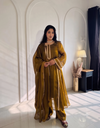 Gold-Toned Solid Silk Straight Kurti with Trousers & Flared Dupatta Set