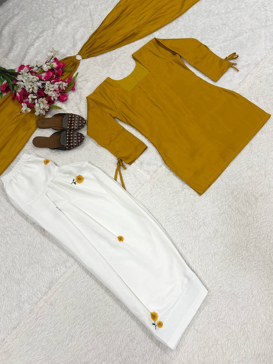 Women Mustard Yellow Solid Short Kurti with White Floral Embroidered Farshi Salwar Suit Set