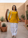 Women Mustard Yellow Solid Short Kurti with White Floral Embroidered Farshi Salwar Suit Set