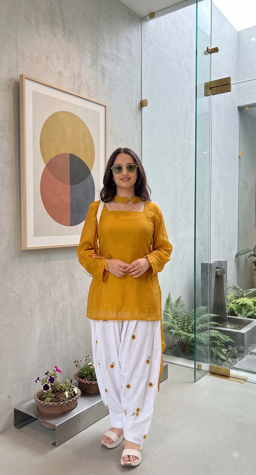 Women Mustard Yellow Solid Short Kurti with White Floral Embroidered Farshi Salwar Suit Set