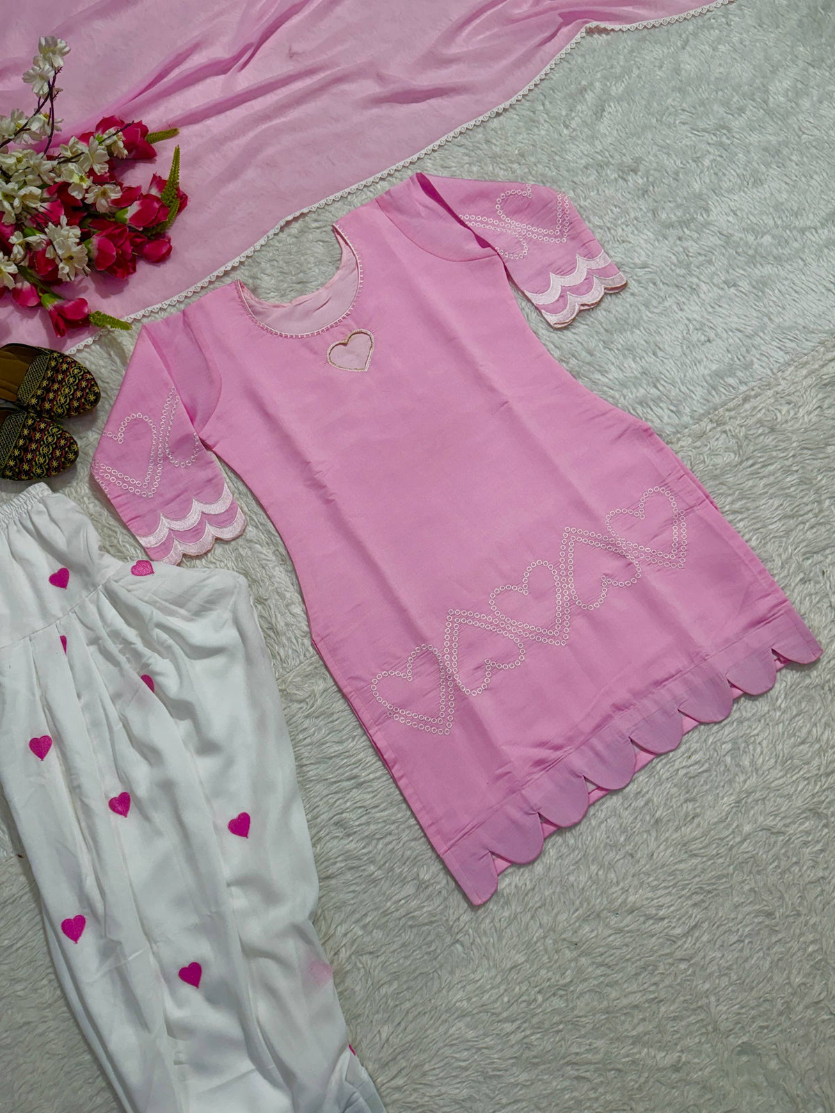 Pink Heart Embroidered Farshi Salwar Suit Set