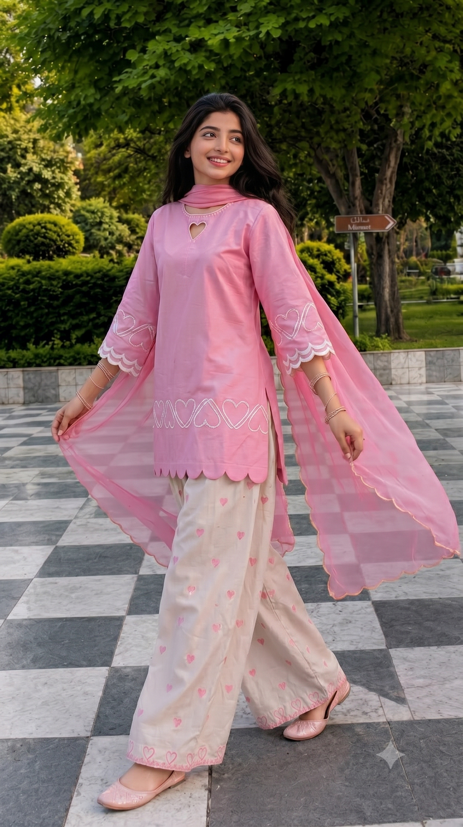 Pink Heart Embroidered Farshi Salwar Suit Set