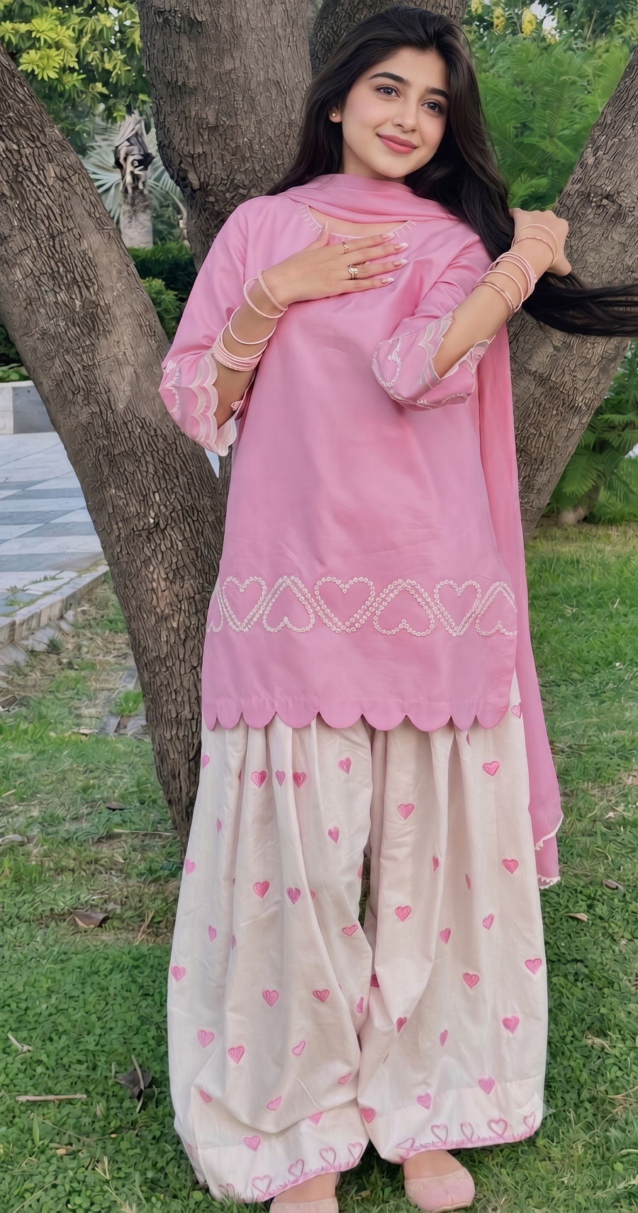 Pink Heart Embroidered Farshi Salwar Suit Set