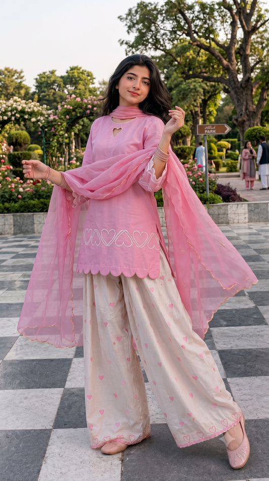 Pink Heart Embroidered Farshi Salwar Suit Set