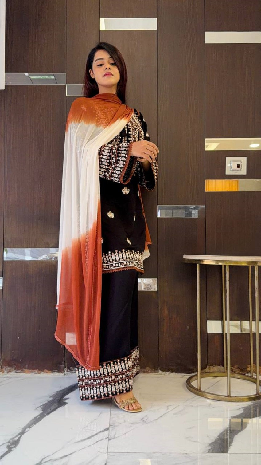 Women's Stylish Embroidered Kurti with Palazzo and Dupatta Set