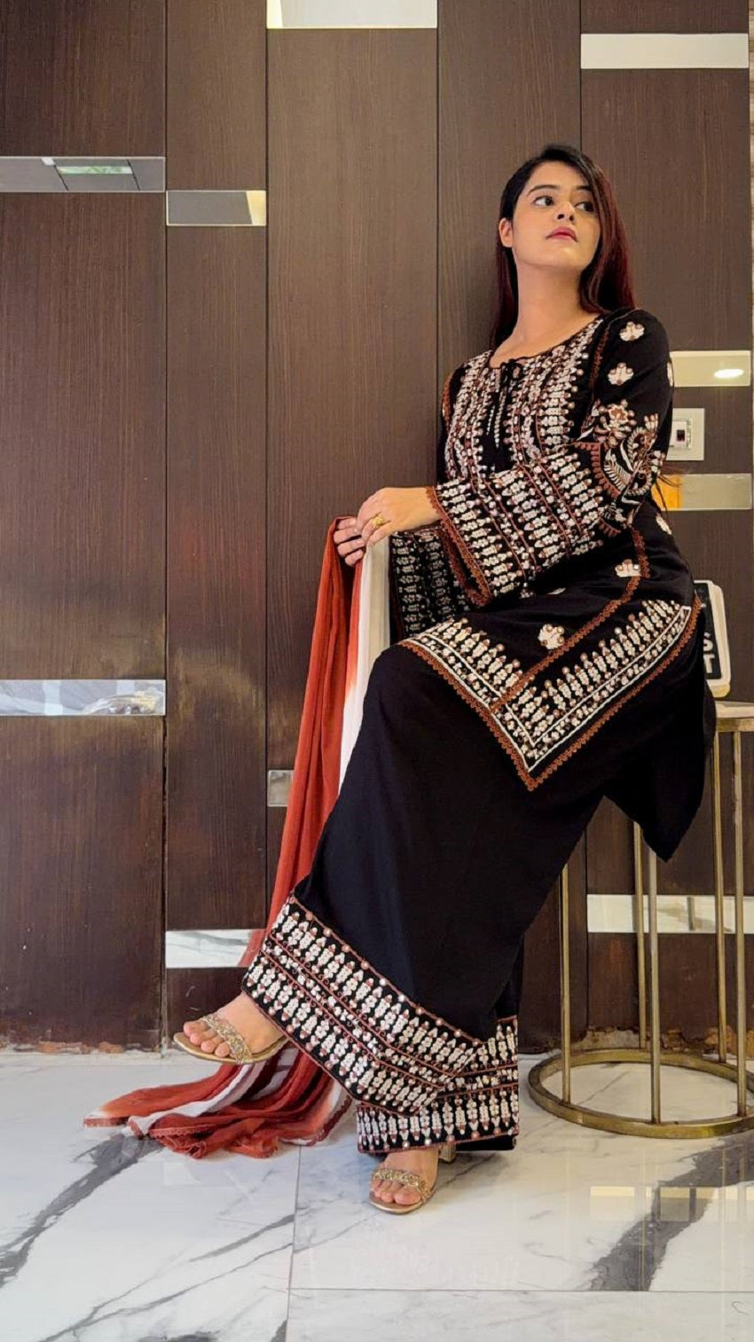 Women's Stylish Embroidered Kurti with Palazzo and Dupatta Set