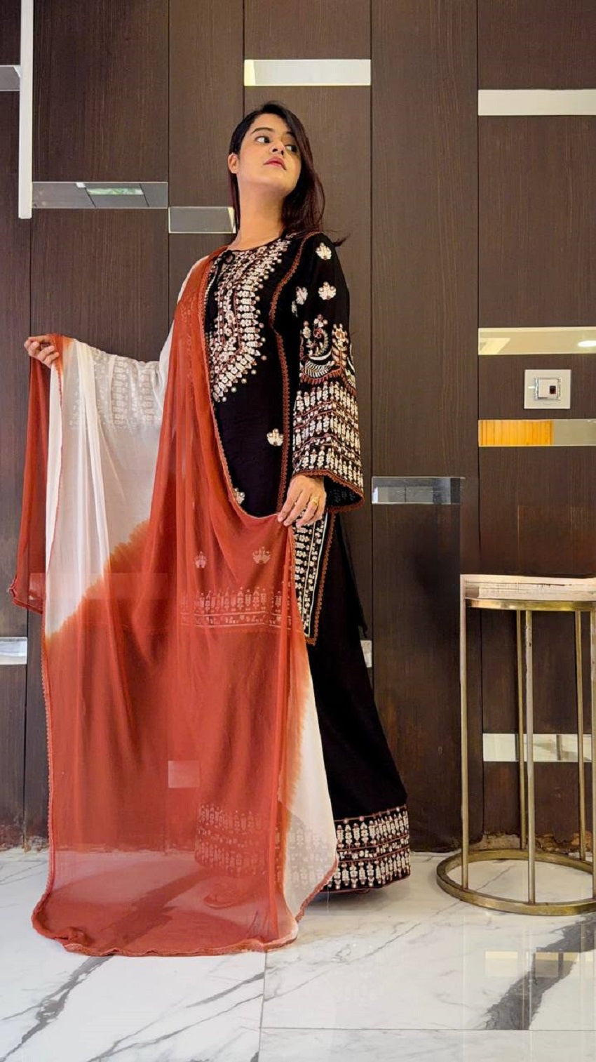 Women's Stylish Embroidered Kurti with Palazzo and Dupatta Set