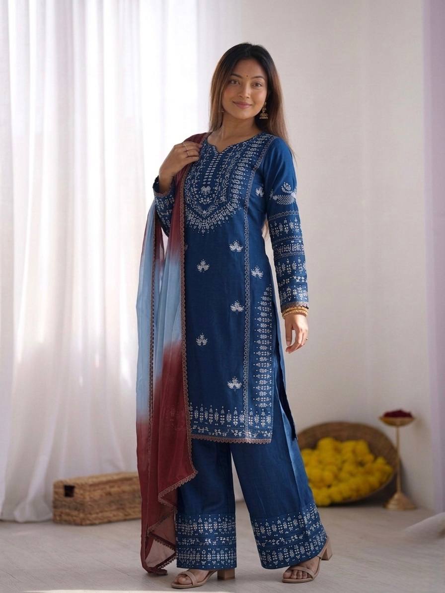 Women's Stylish Embroidered Kurti with Palazzo and Dupatta Set