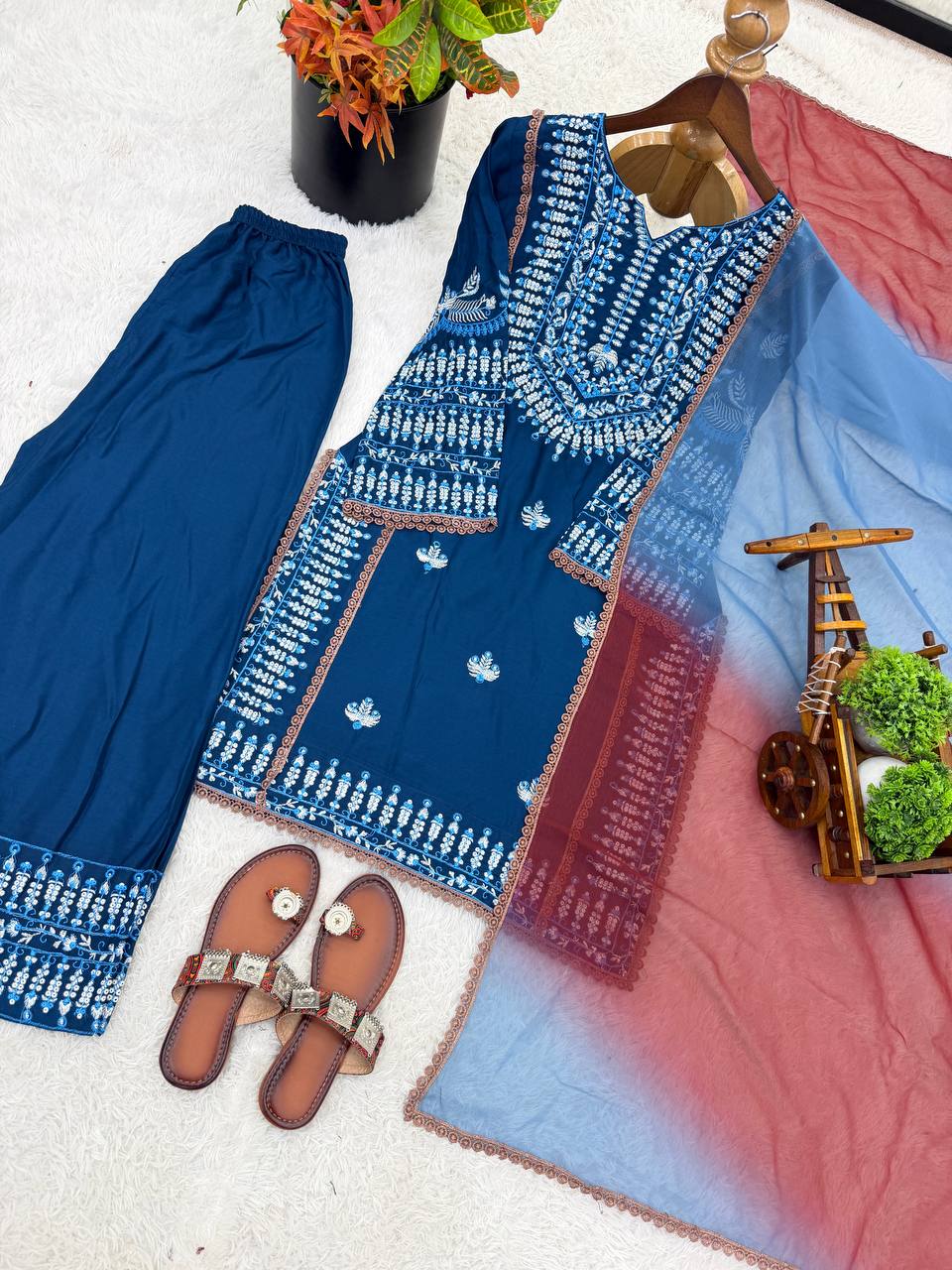 Women's Stylish Embroidered Kurti with Palazzo and Dupatta Set