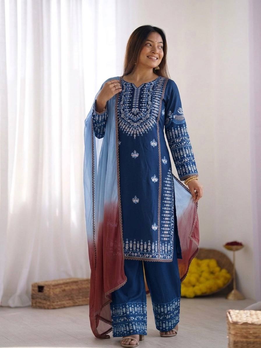 Women's Stylish Embroidered Kurti with Palazzo and Dupatta Set