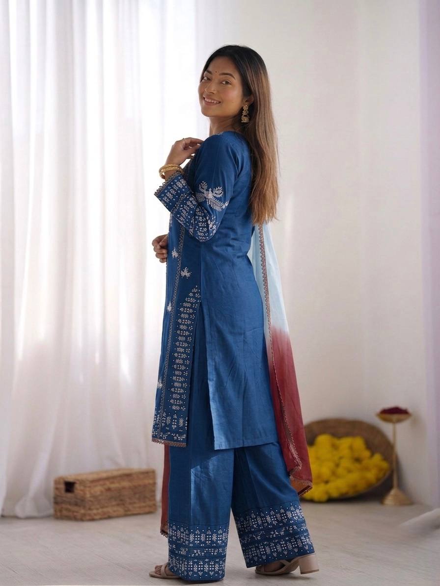 Women's Stylish Embroidered Kurti with Palazzo and Dupatta Set