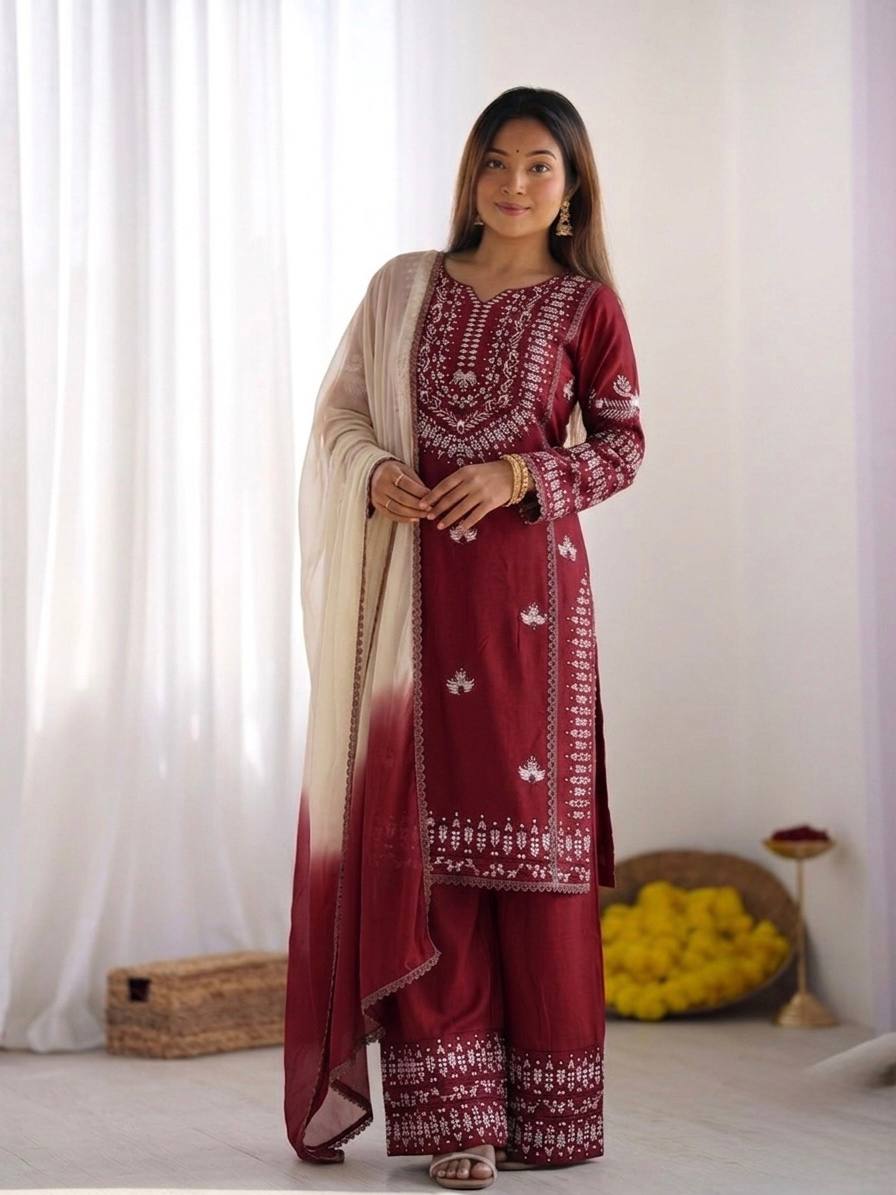 Women's Stylish Embroidered Kurti with Palazzo and Dupatta Set