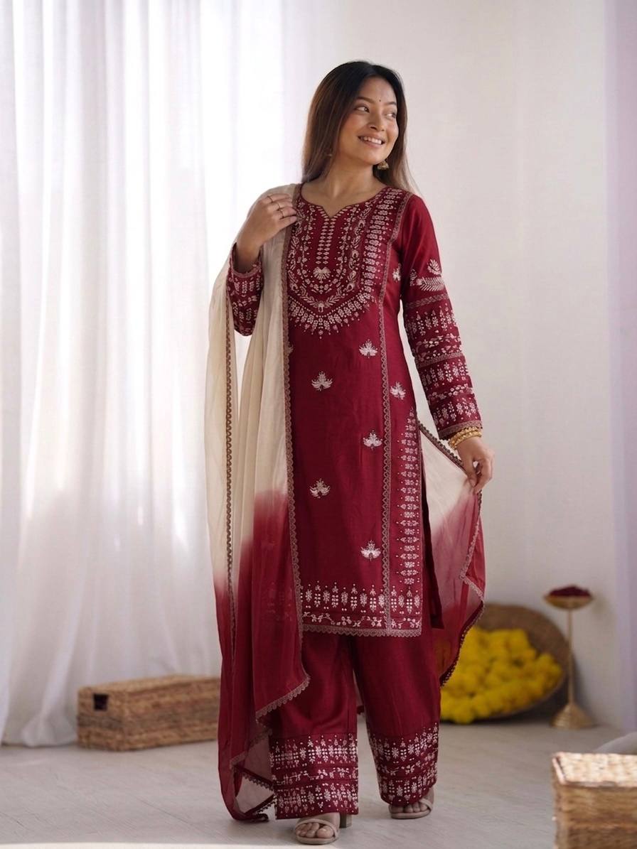 Women's Stylish Embroidered Kurti with Palazzo and Dupatta Set