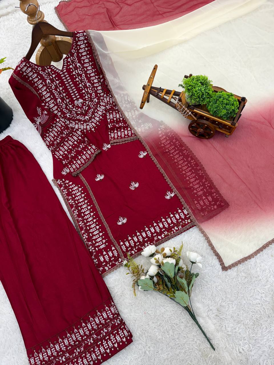 Women's Stylish Embroidered Kurti with Palazzo and Dupatta Set