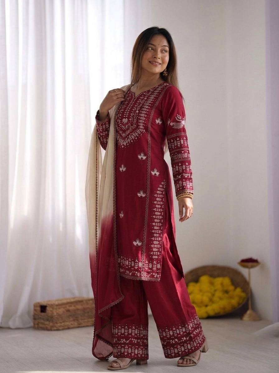 Women's Stylish Embroidered Kurti with Palazzo and Dupatta Set