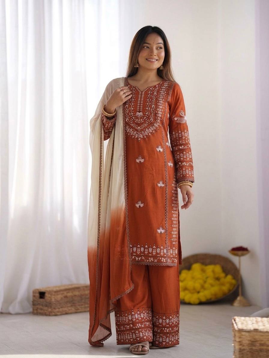 Women's Stylish Embroidered Kurti with Palazzo and Dupatta Set