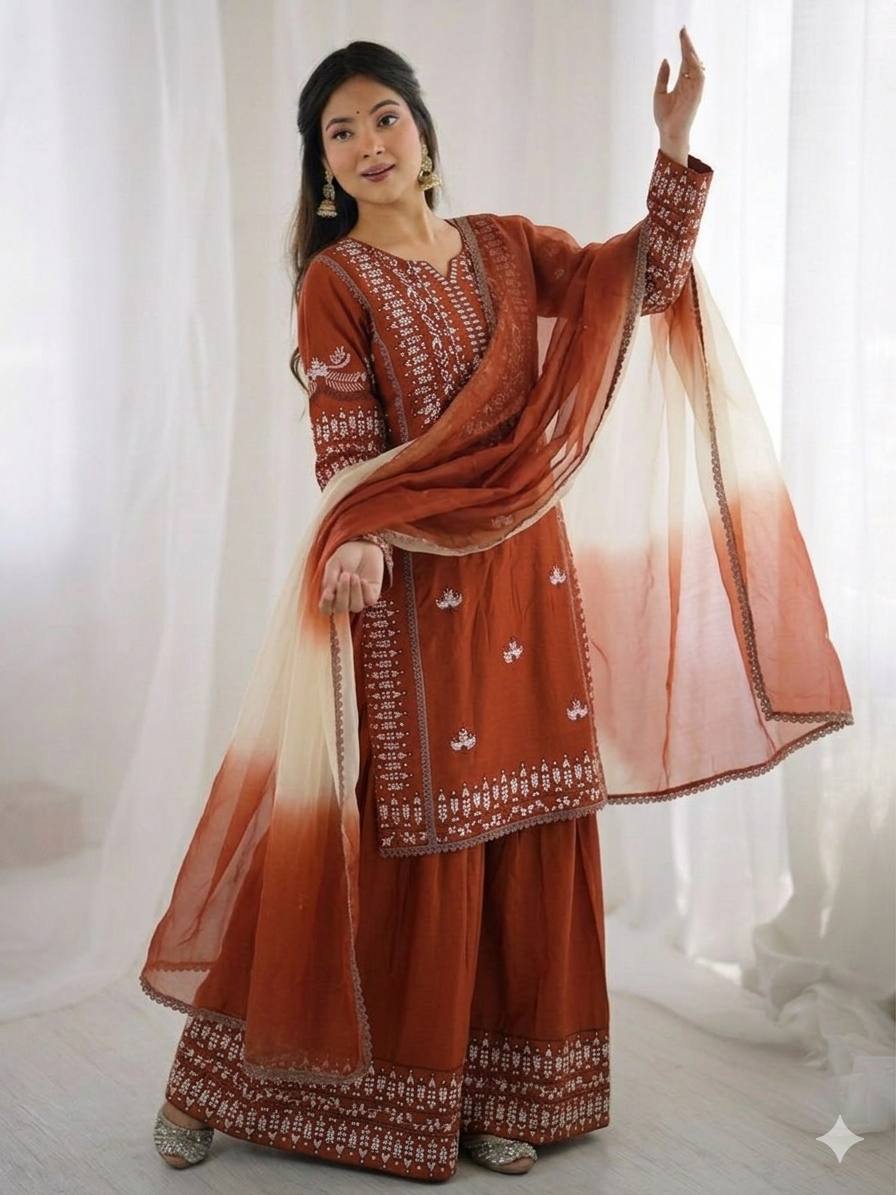 Women's Stylish Embroidered Kurti with Palazzo and Dupatta Set