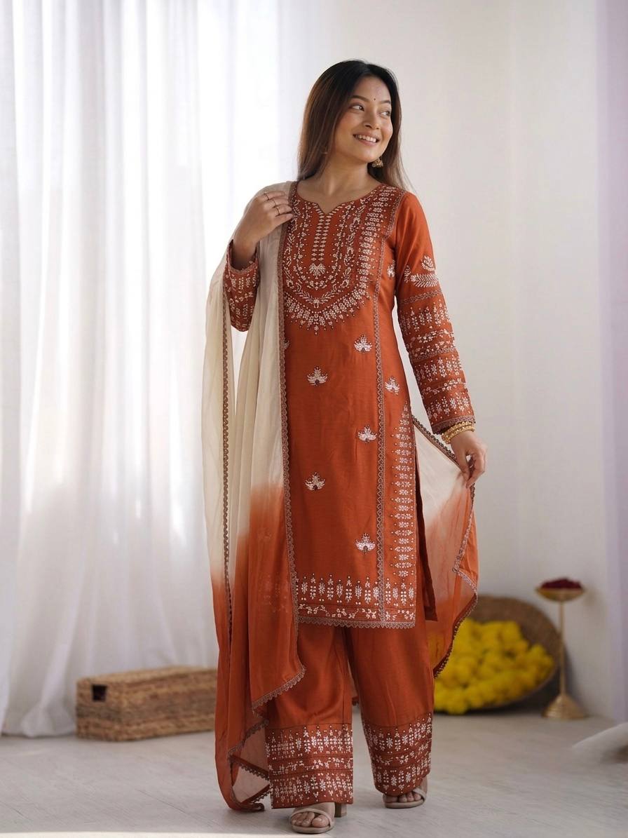 Women's Stylish Embroidered Kurti with Palazzo and Dupatta Set