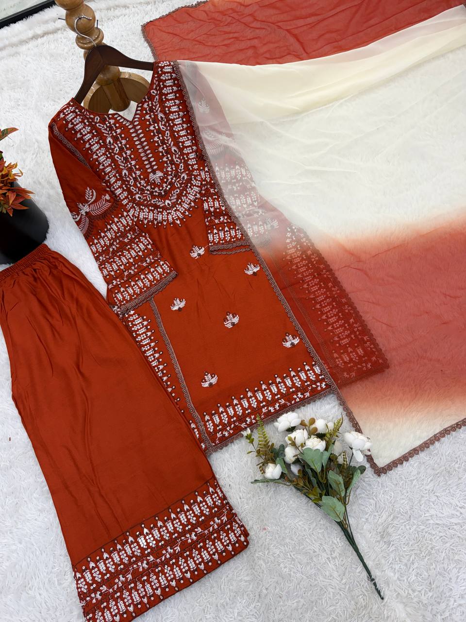 Women's Stylish Embroidered Kurti with Palazzo and Dupatta Set
