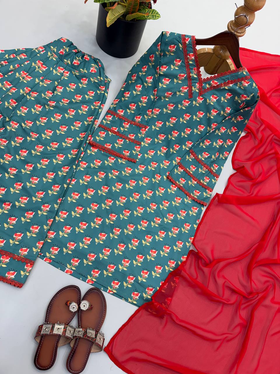 Teal Green Floral Printed Cotton Kurti with Farshi Salwar and Dupatta Set