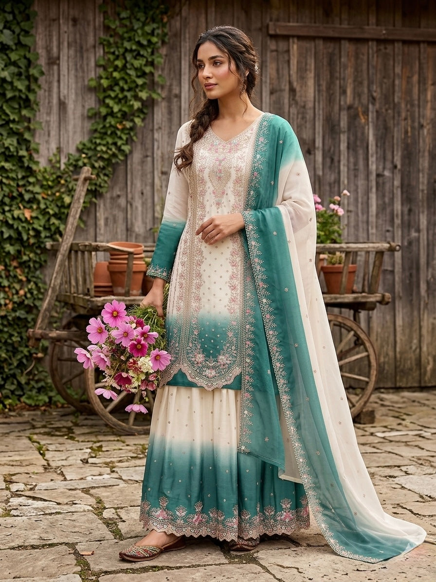 Women's New Trendy Stylish Designer Sharara Suit with Intricate Embroidery Work