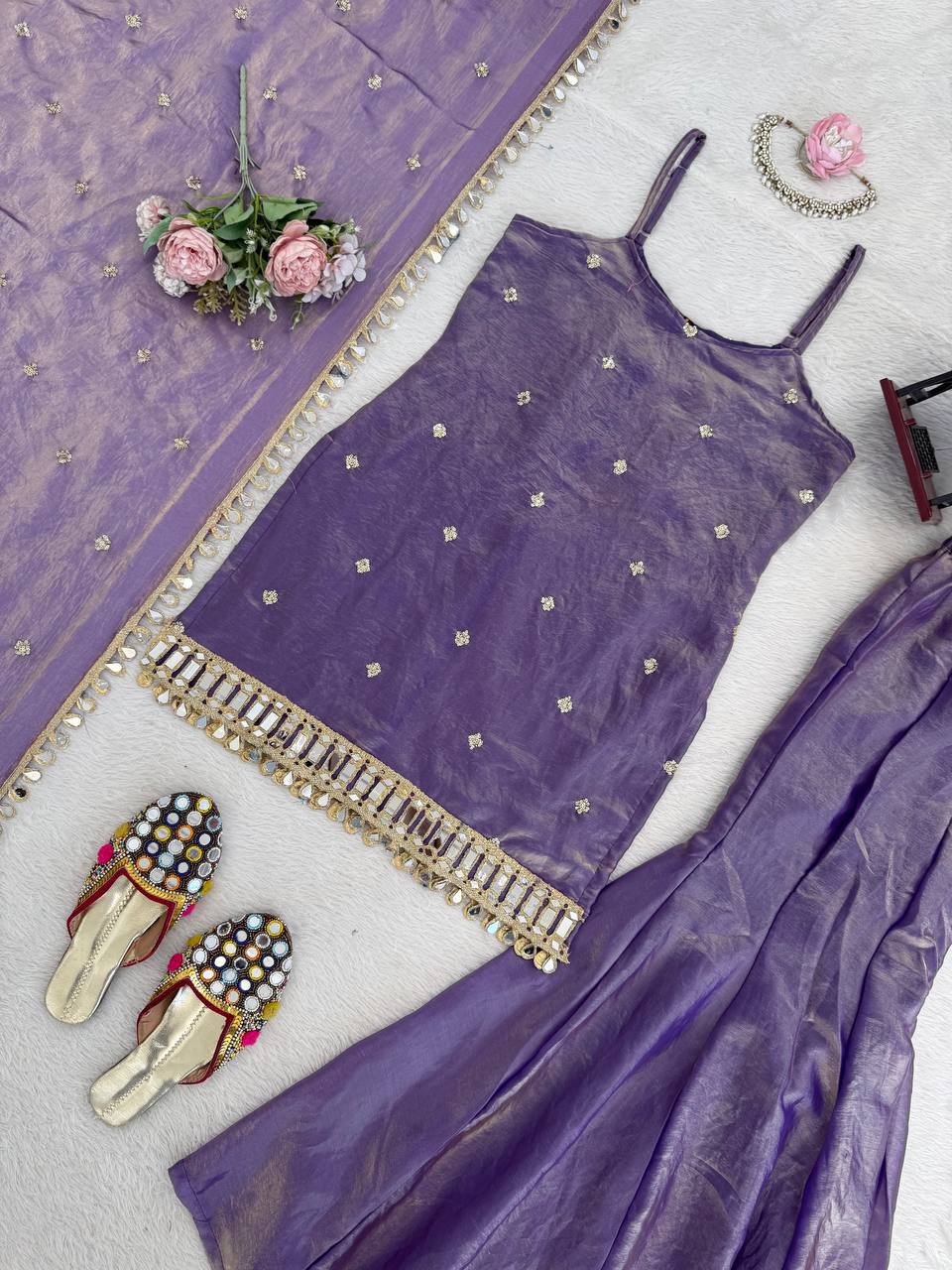 Women's Elegant Embroidered Kurti and Flared Sharara Set