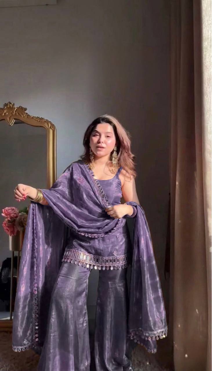 Women's Elegant Embroidered Kurti and Flared Sharara Set
