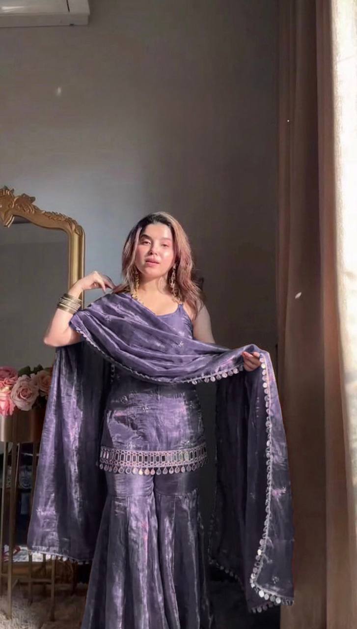 Women's Elegant Embroidered Kurti and Flared Sharara Set