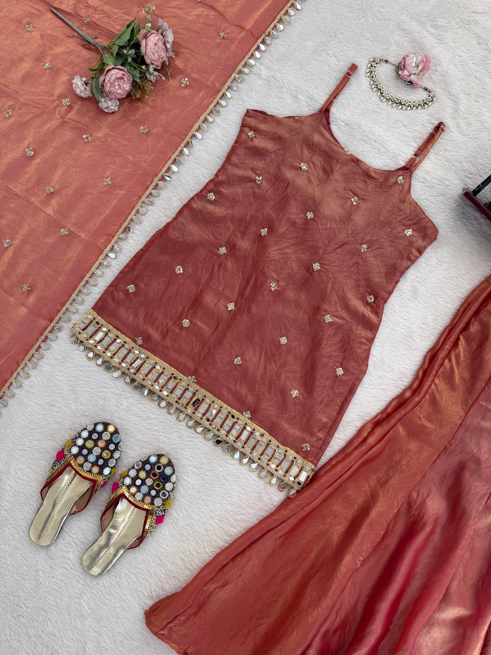 Women's Elegant Embroidered Kurti and Flared Sharara Set