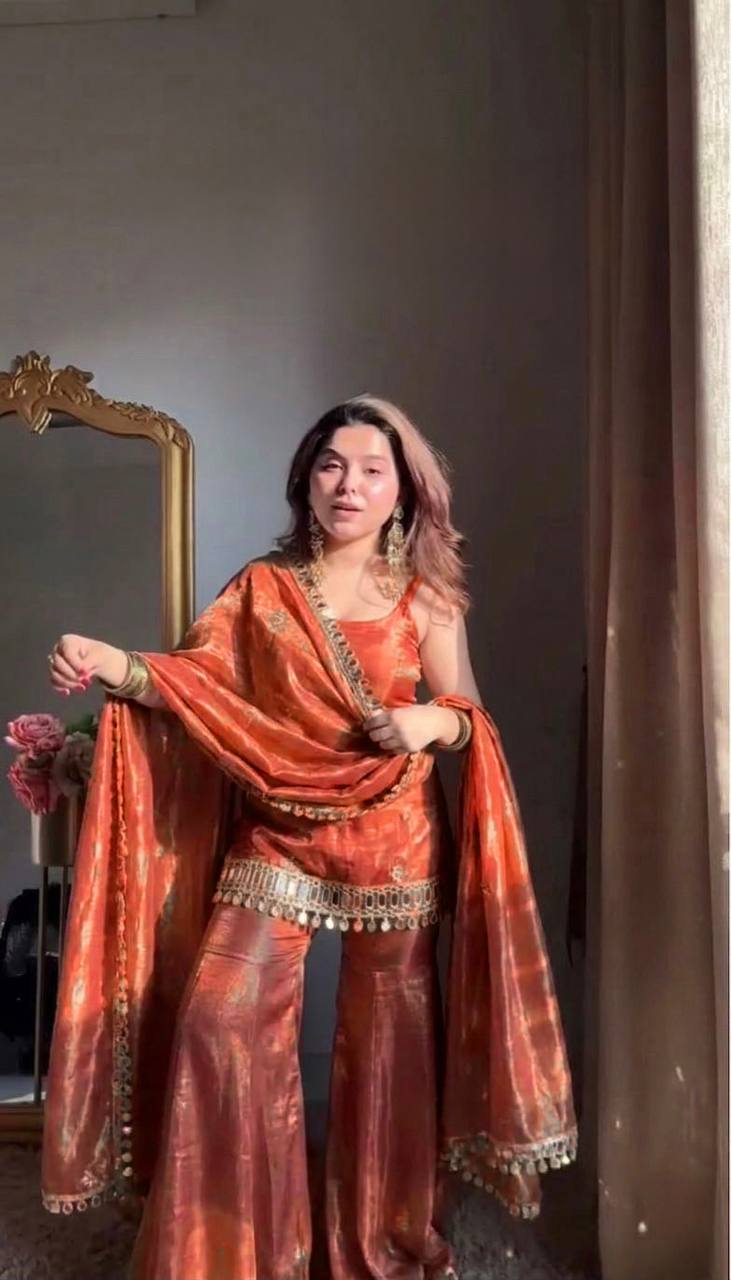Women's Elegant Embroidered Kurti and Flared Sharara Set
