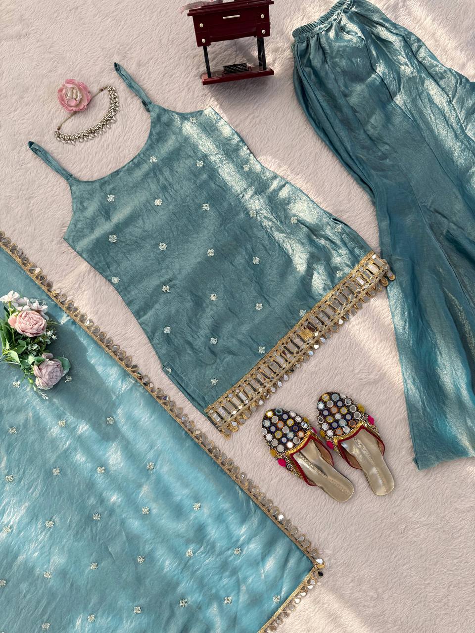 Women's Elegant Embroidered Kurti and Flared Sharara Set