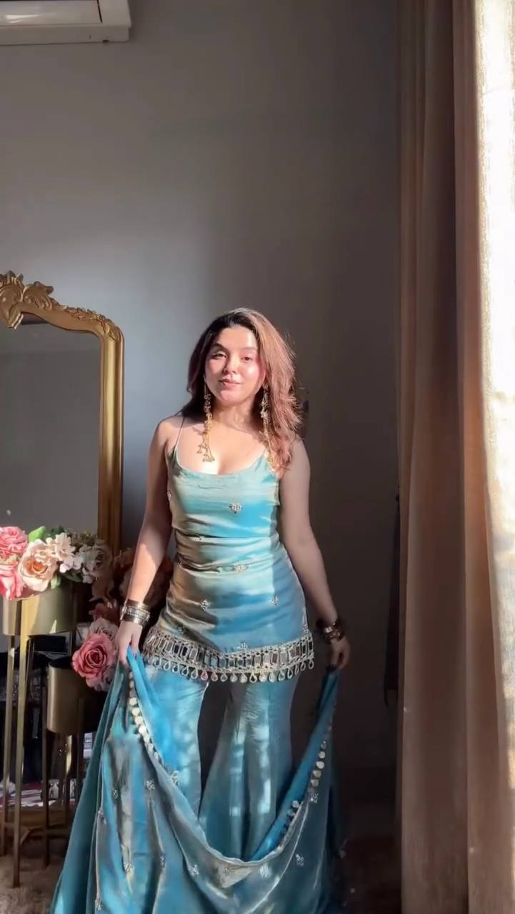 Women's Elegant Embroidered Kurti and Flared Sharara Set