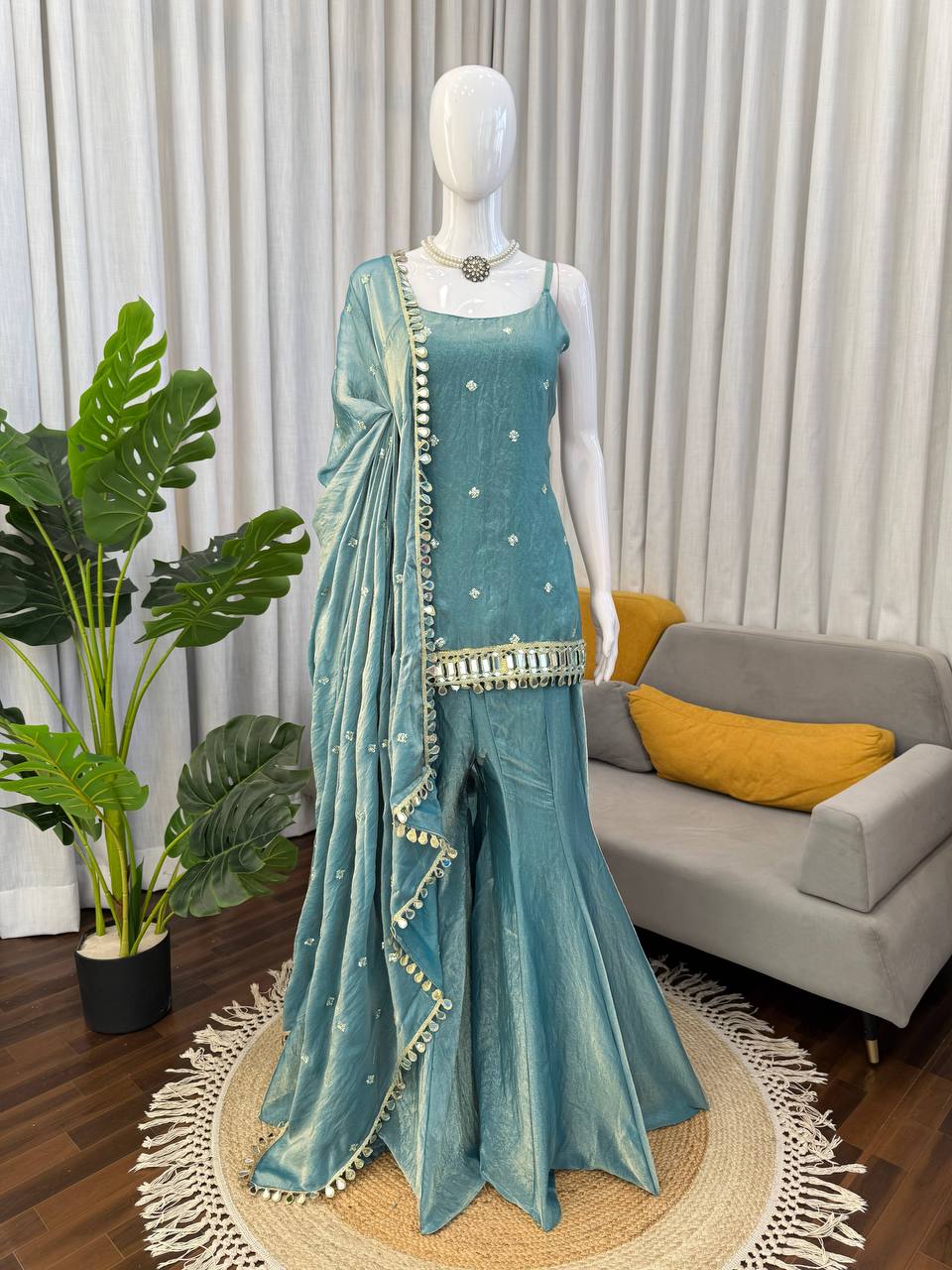 Women's Elegant Embroidered Kurti and Flared Sharara Set