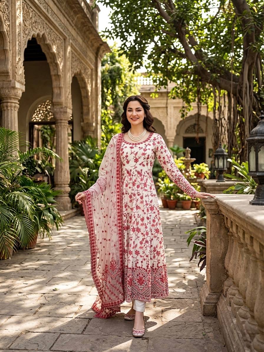 New Latest Trending Elegant Embroidered Anarkali Kurta Set with Matching Dupatta