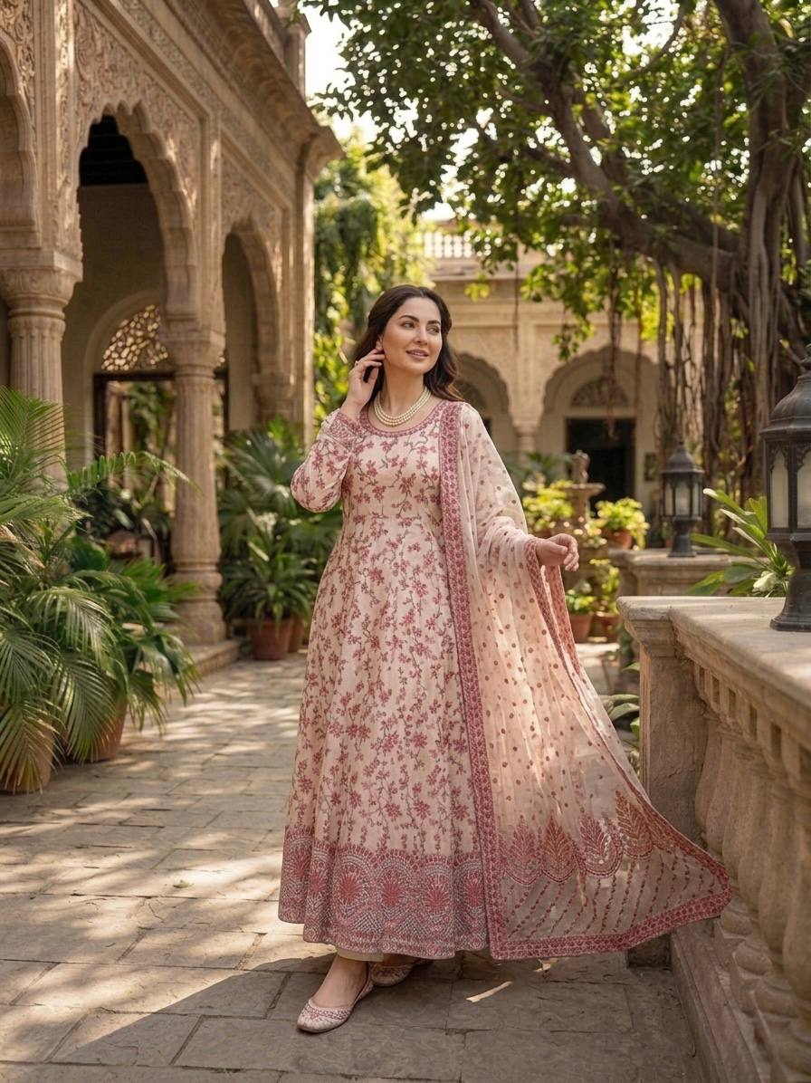 New Latest Trending Elegant Embroidered Anarkali Kurta Set with Matching Dupatta
