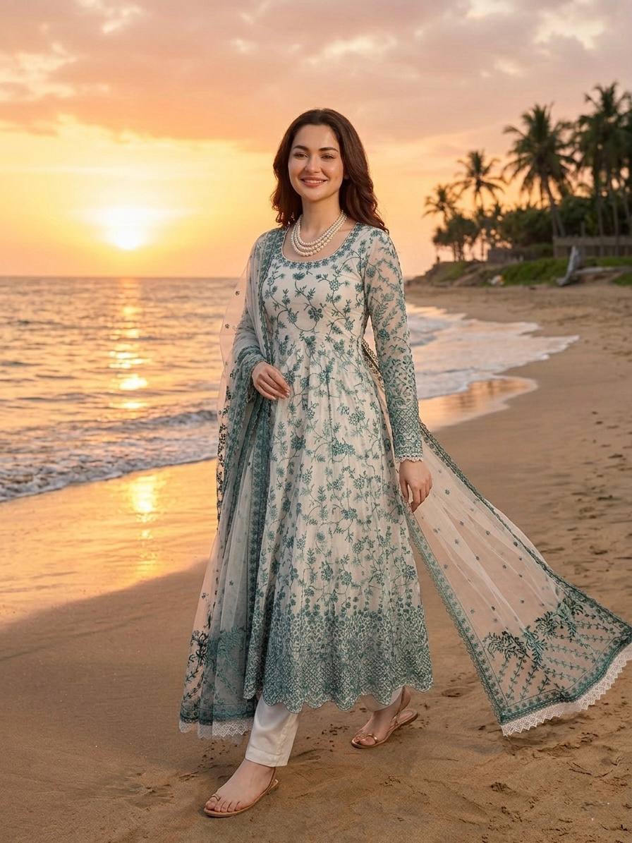 New Latest Trending Elegant Embroidered Anarkali Kurta Set with Matching Dupatta