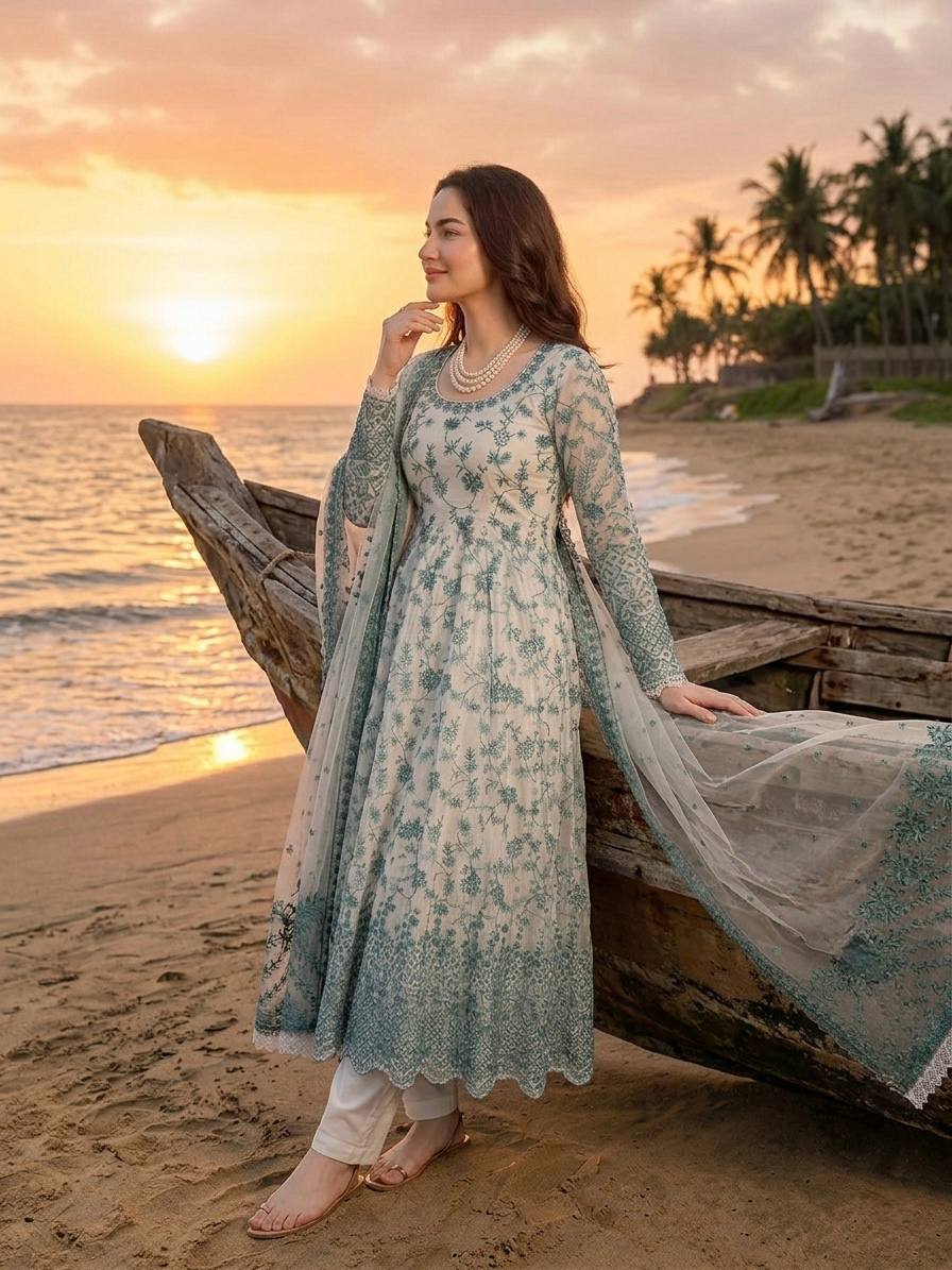 New Latest Trending Elegant Embroidered Anarkali Kurta Set with Matching Dupatta