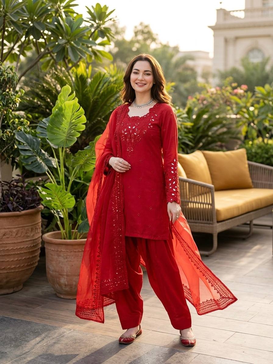 New Trendy Elegant Mirror-Work Kurti and Salwar Set with Sheer Dupatta Set
