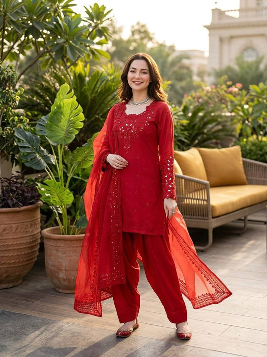 New Trendy Elegant Mirror-Work Kurti and Salwar Set with Sheer Dupatta Set