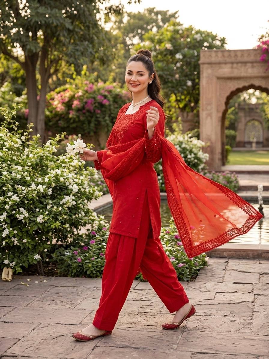 New Trendy Elegant Mirror-Work Kurti and Salwar Set with Sheer Dupatta Set