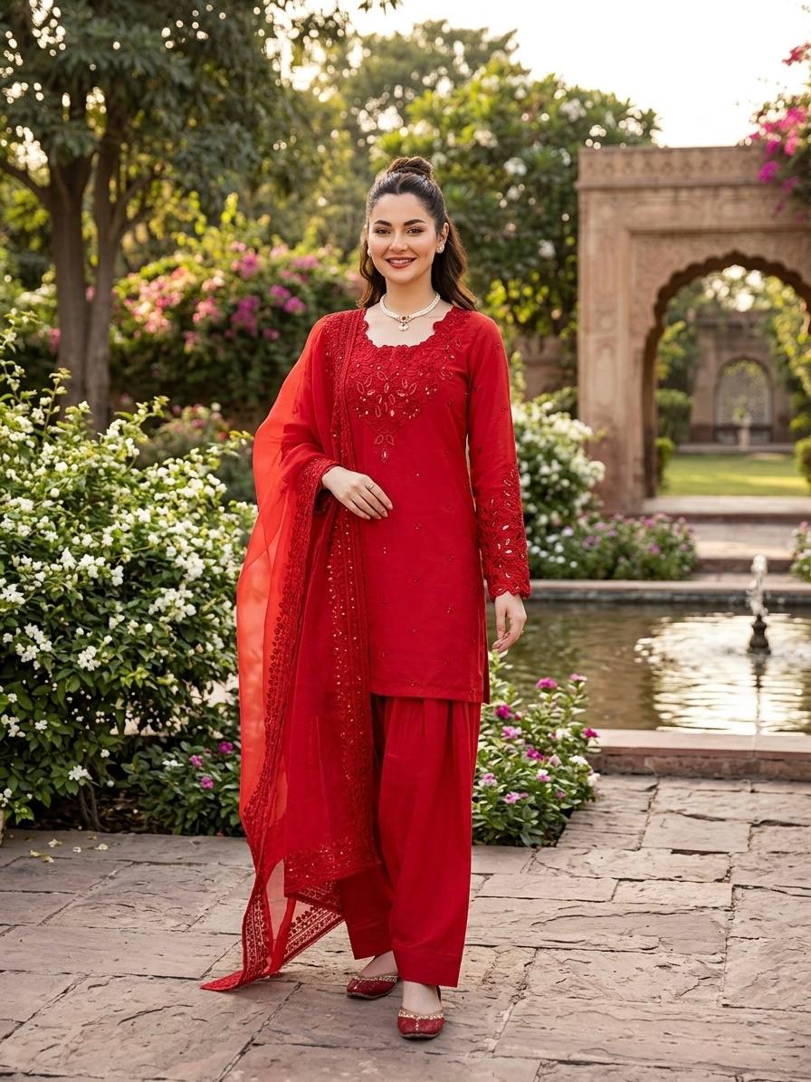 New Trendy Elegant Mirror-Work Kurti and Salwar Set with Sheer Dupatta Set