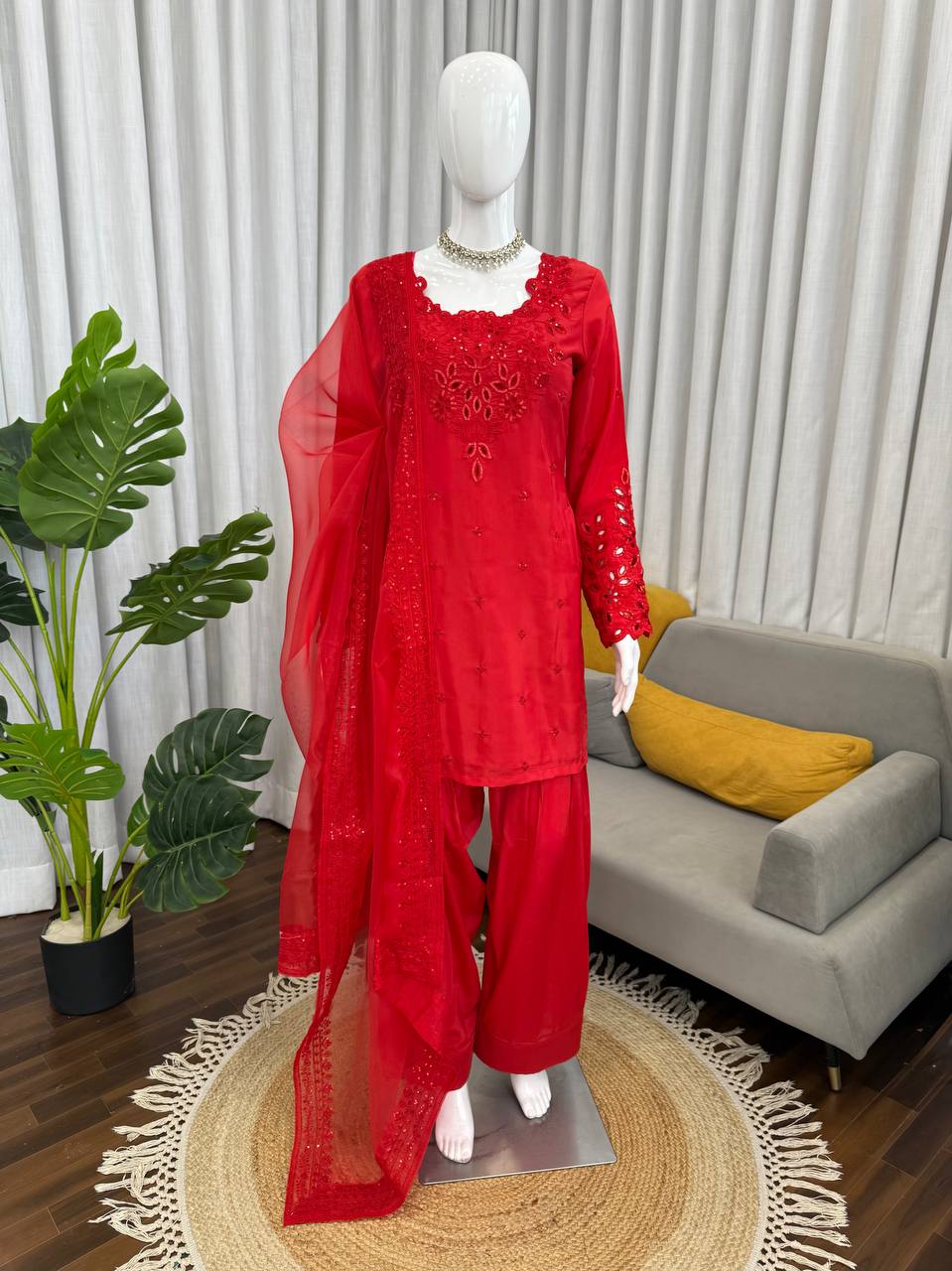 New Trendy Elegant Mirror-Work Kurti and Salwar Set with Sheer Dupatta Set