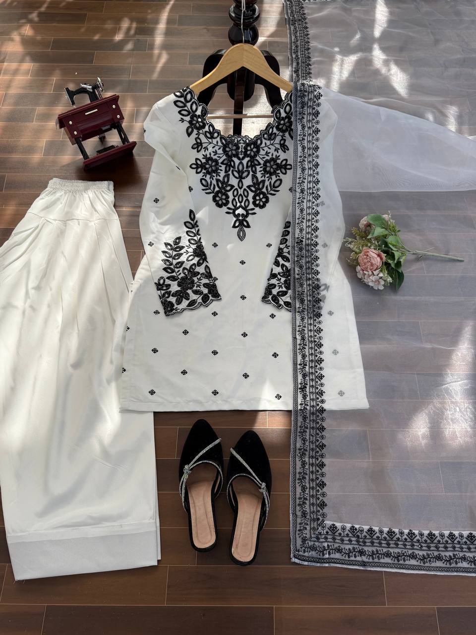 New Trendy Elegant Mirror-Work Kurti and Salwar Set with Sheer Dupatta Set