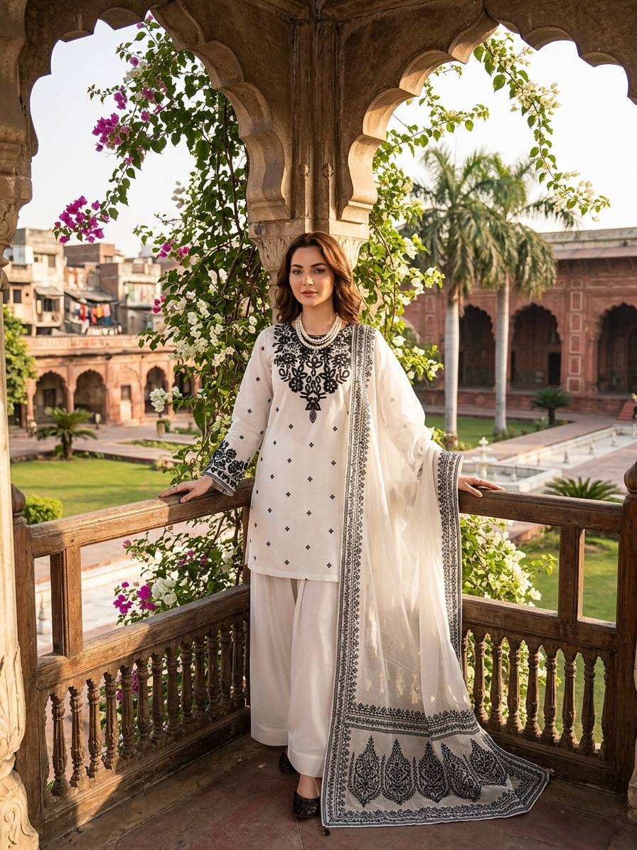 New Trendy Elegant Mirror-Work Kurti and Salwar Set with Sheer Dupatta Set