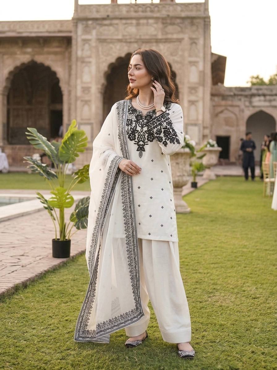 New Trendy Elegant Mirror-Work Kurti and Salwar Set with Sheer Dupatta Set