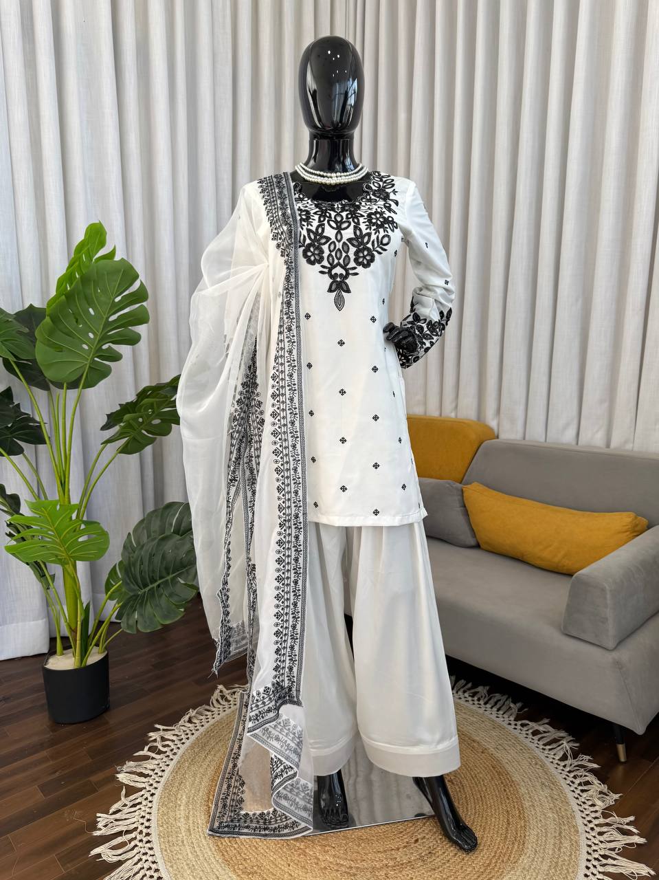 New Trendy Elegant Mirror-Work Kurti and Salwar Set with Sheer Dupatta Set