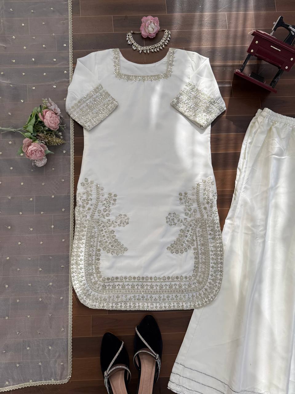 New Women's Latest Elegant Off-White Embroidered Kurta and Sharara Set with Matching Dupatta Set