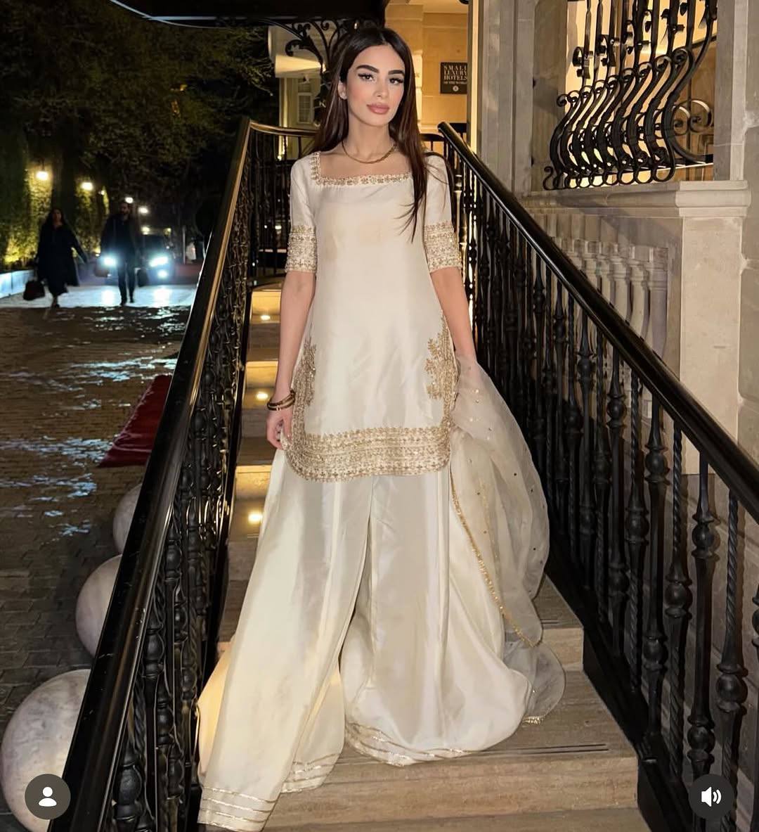 New Women's Latest Elegant Off-White Embroidered Kurta and Sharara Set with Matching Dupatta Set