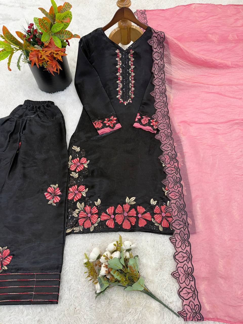 Women’s New Designer Trendy  Embroidered Kurta and Pant Set with Dupatta