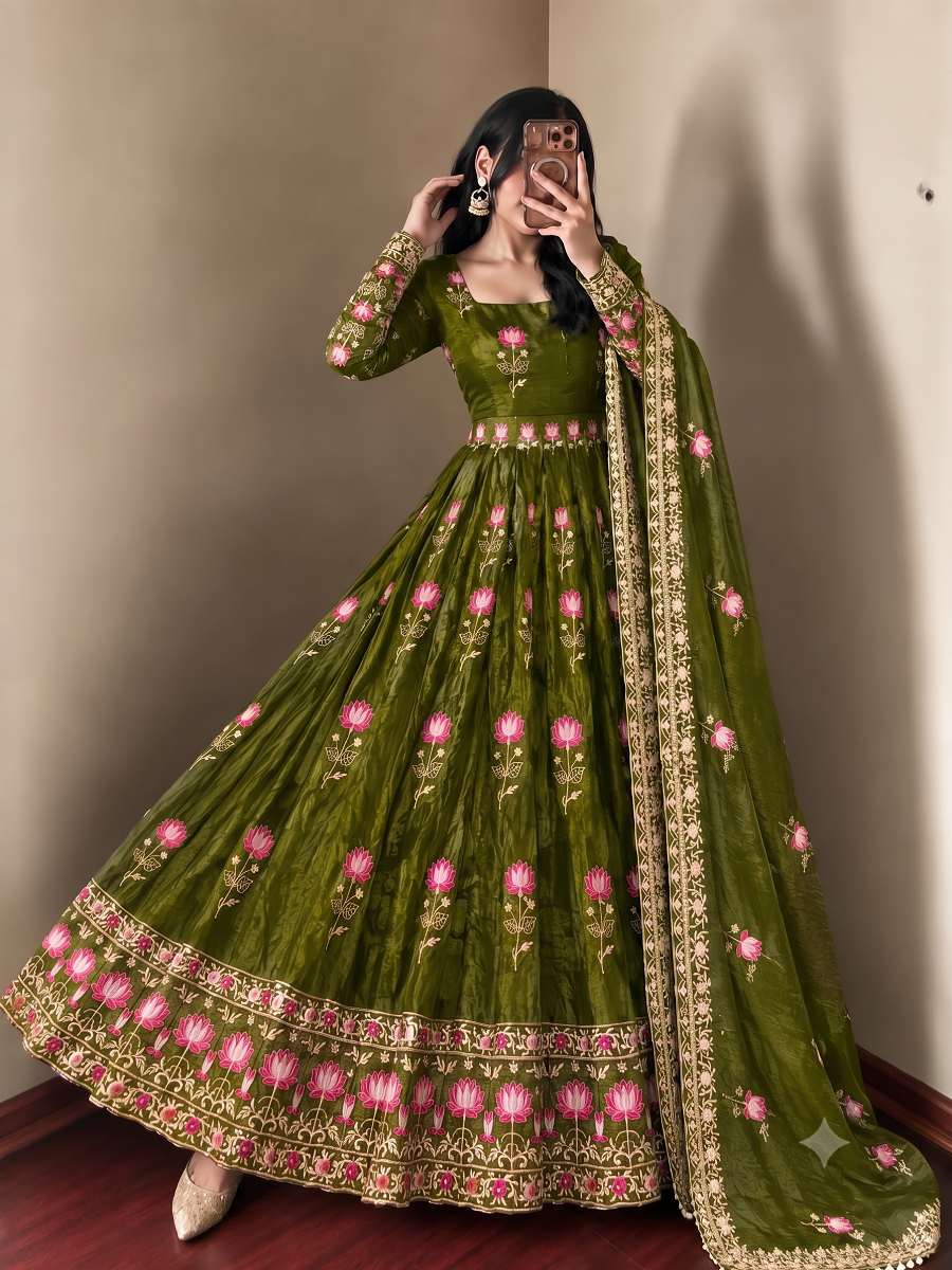 Women Lotus Pichwai Embroidered Anarkali Kurta Set with Pant and Dupatta Set
